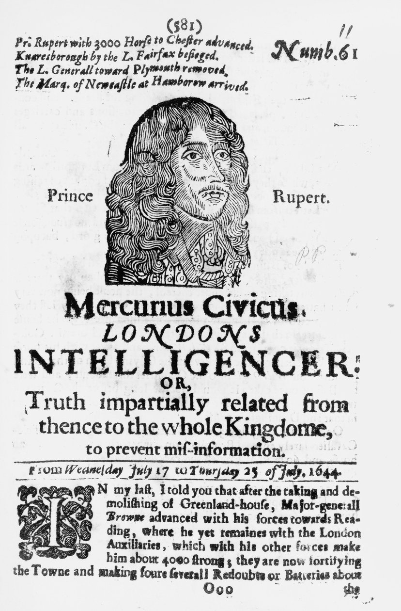 Forside fra Mercurius Civicus, udgivet i 1644 af English School