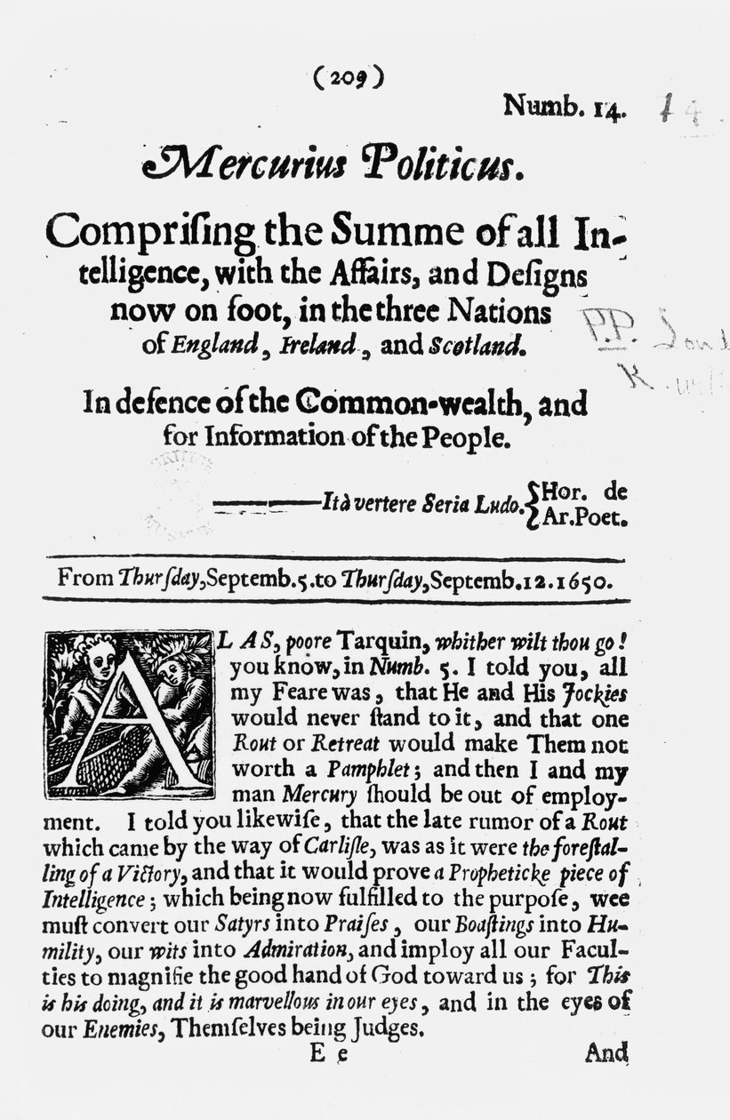 Forside, fra Mercurius Politicus, til forsvar for Commonwealth og til information for folket, 1650 af English School