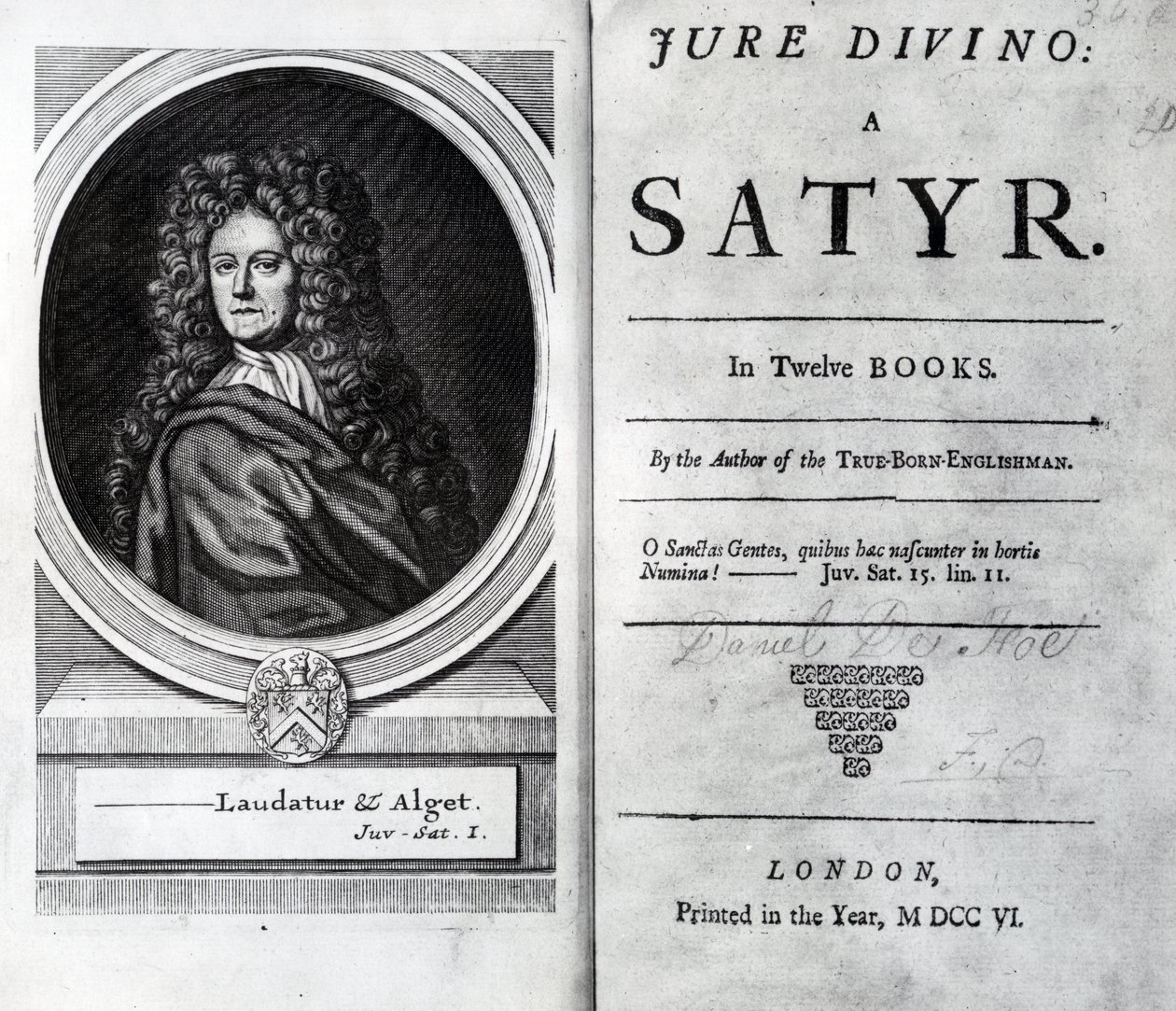 Frontispice og titelside for Jure Divino: A Satyr af Daniel Defoe, udgivet 1706 af English School