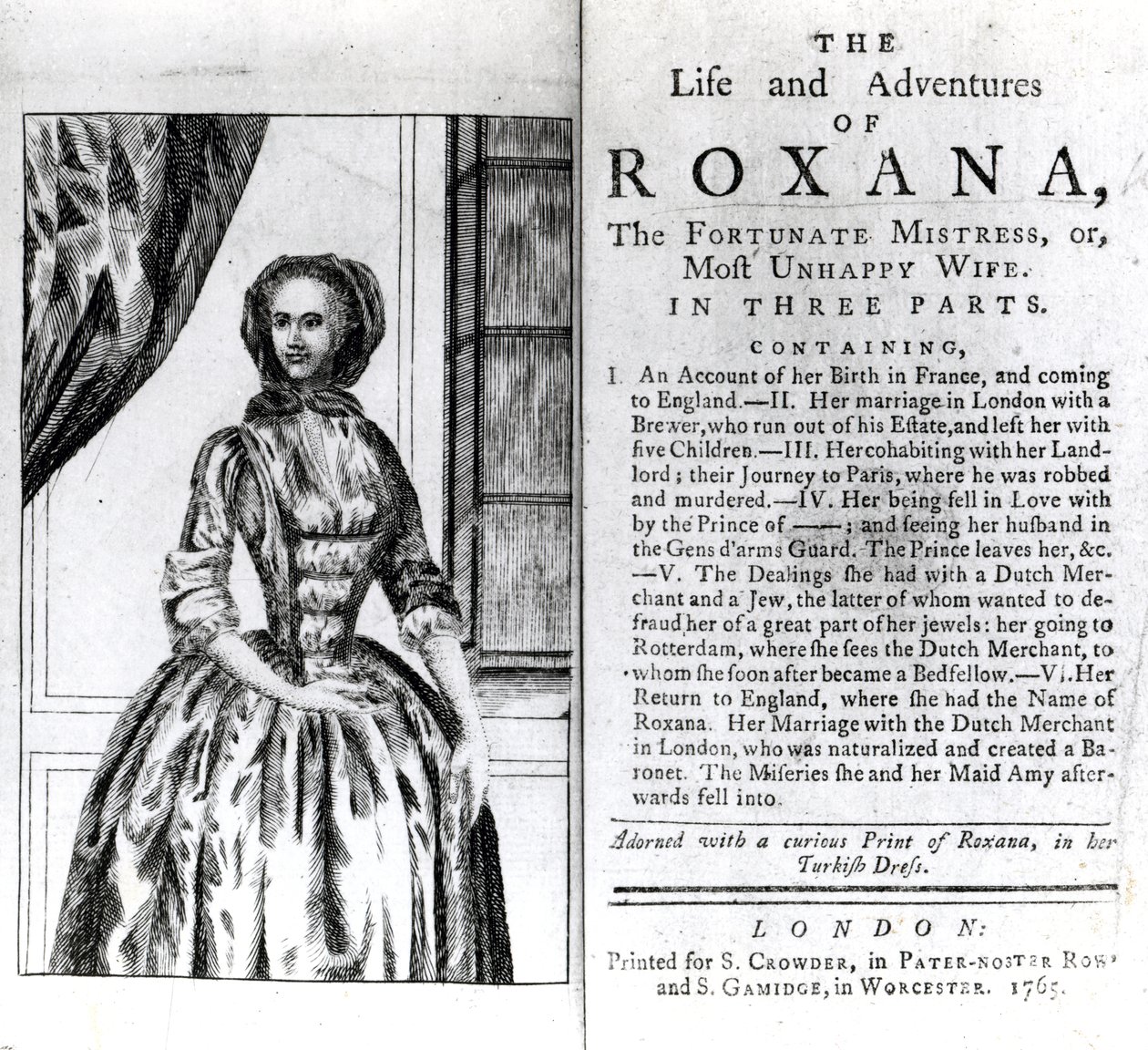 Frontispice og titelside til The Life and Adventures of Roxana af Daniel Defoe, udgivet 1765 af English School