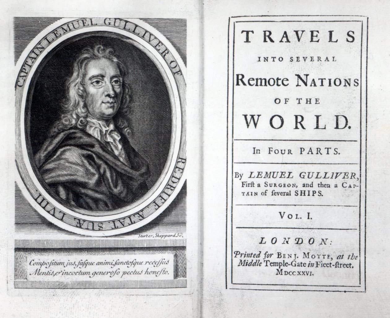 Frontispice og titelblad til Gullivers Travels af Jonathan Swift, 1726 af English School