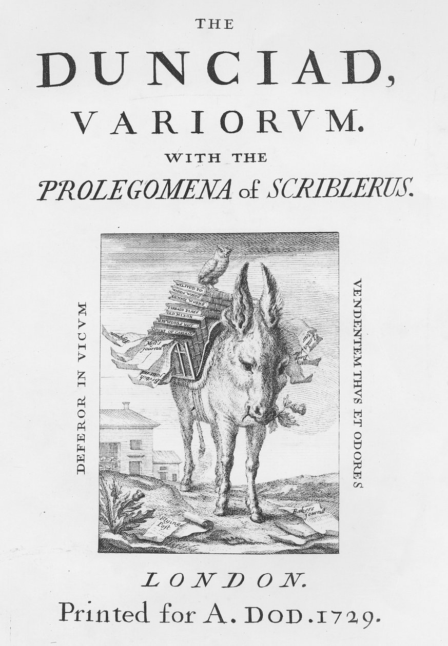 Frontispice og titelblad til The Dunciad Variorum af Alexander Pope, 1729 af English School