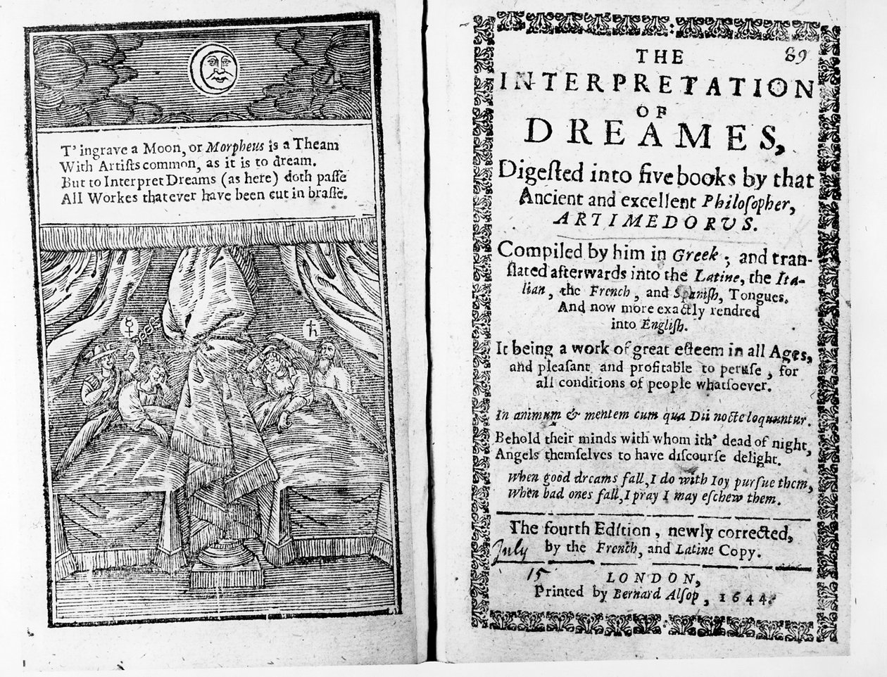 Frontispice og titelblad til The Interpretation of Dreams af Artemidorus, engelsk udgave udgivet i 1644 af English School