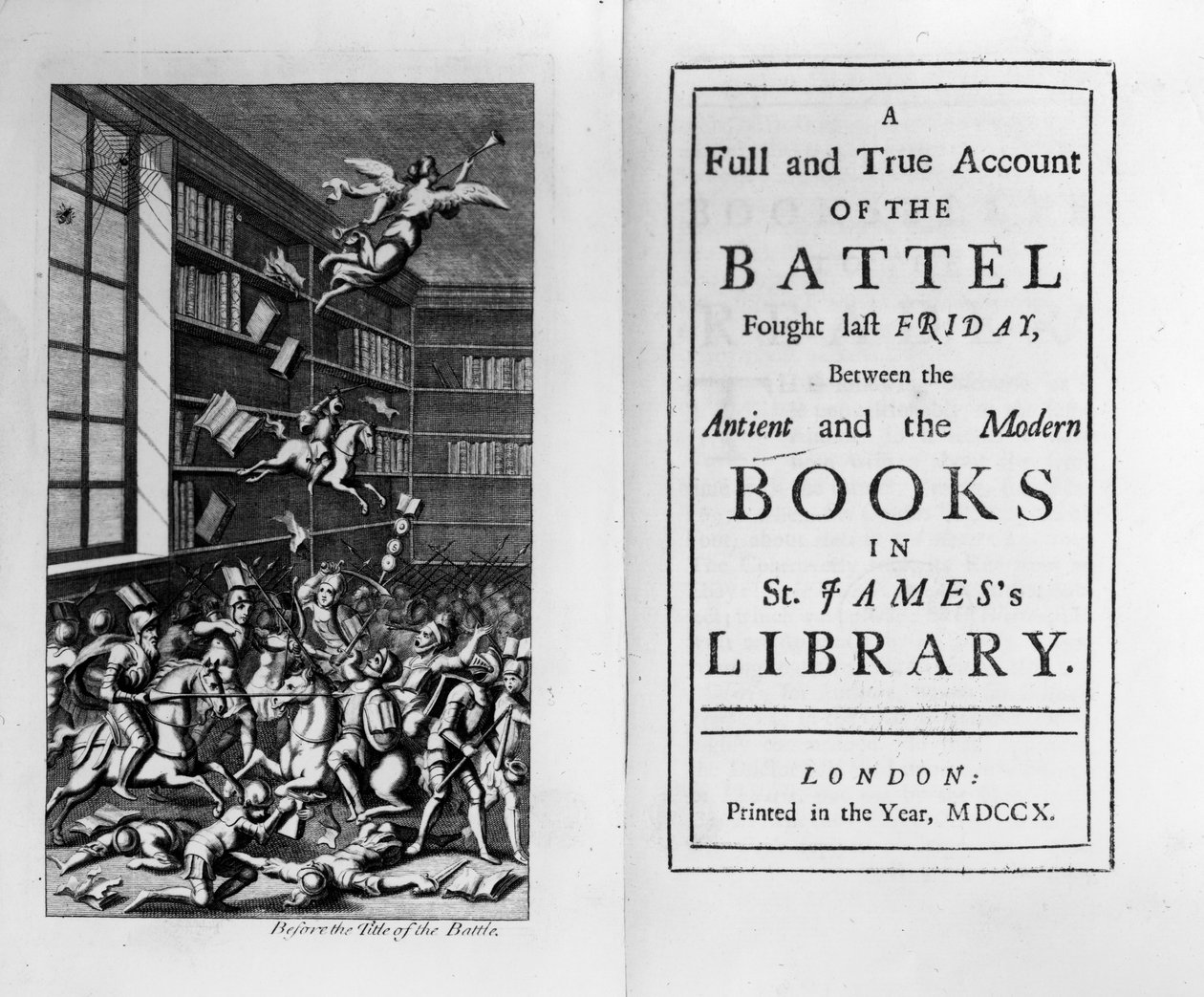 Frontispice og titelblad til The Battle of the Books af Jonathan Swift, udgivet i 1710 af English School