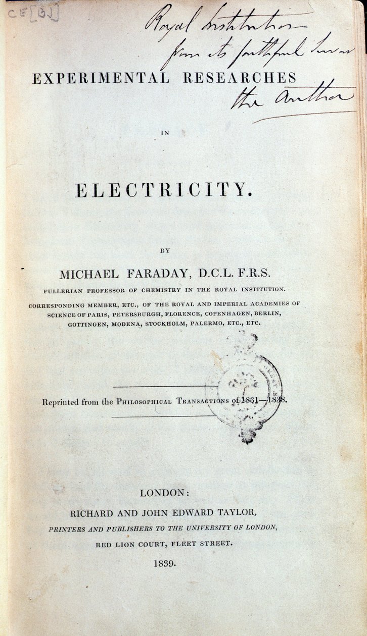Frontispice for Experimental Researches in Electricity af Michael Faraday (1791-1867) udgivet 1839 af English School