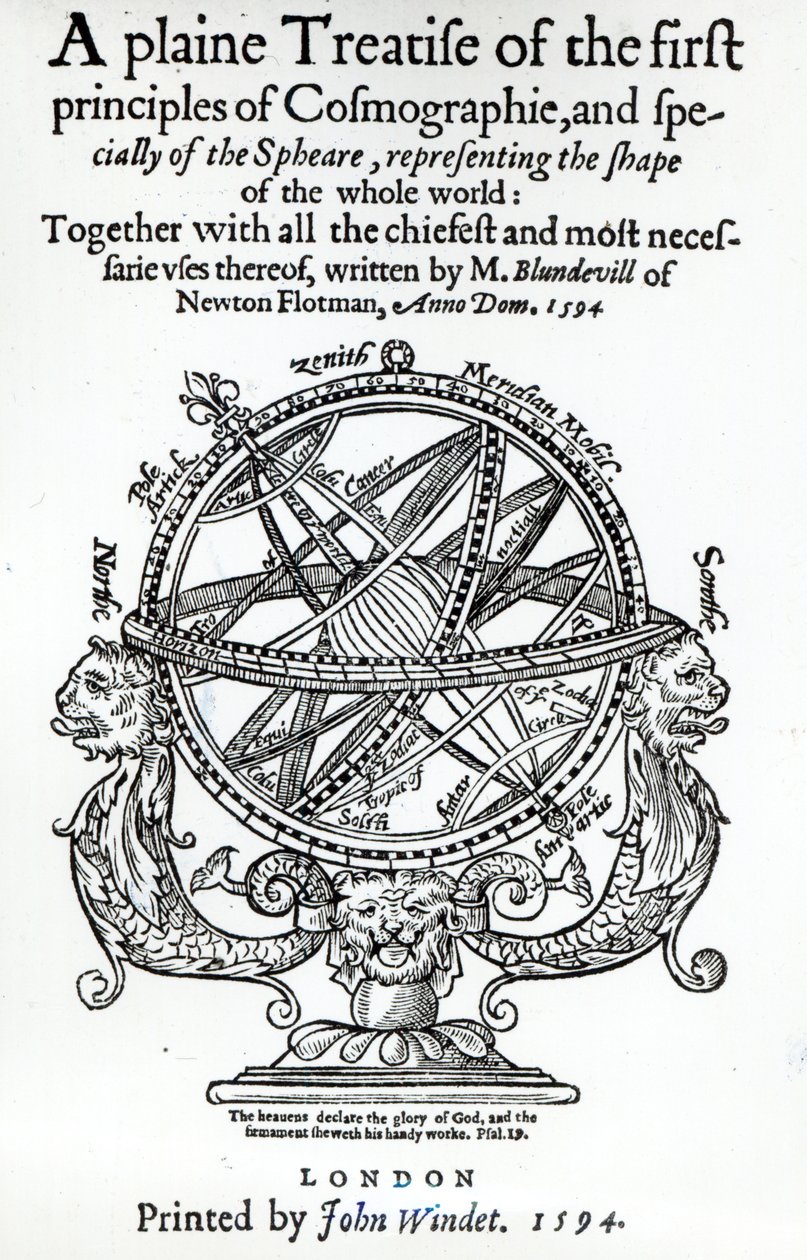 Frontispice fra A Plain Treatise of the First Principles of Cosmography af Thomas Blundeville, udgivet i 1594 af English School