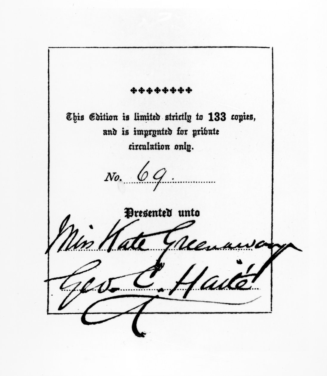 Frontispice fra en Sette of Odd Volumes-udgivelse af George C. Haite dedikeret til Kate Greenaway, ca. 1880-1900 (pen og blæk og bogtryk på papir) af English School