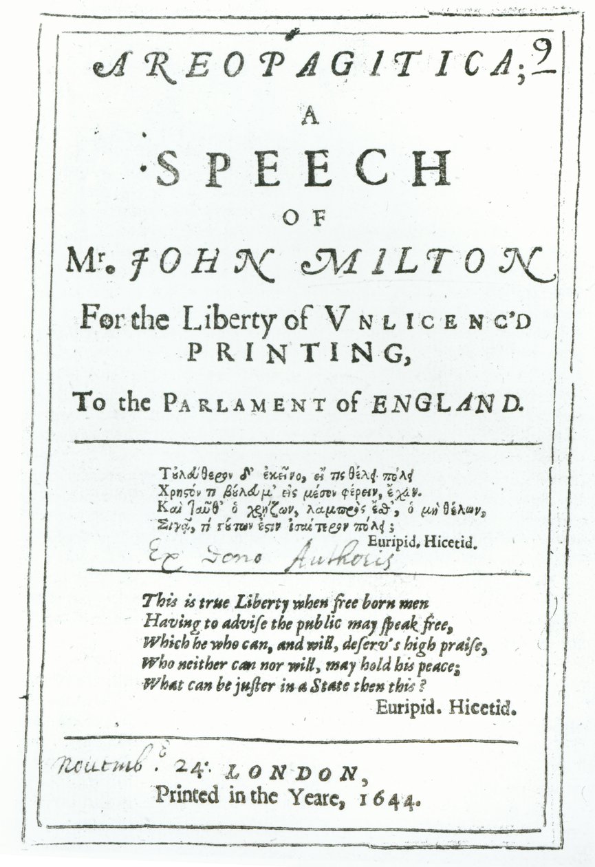 Frontispice af Areopagitica, en tale af John Milton (1608-74) pub. i 1644 af English School