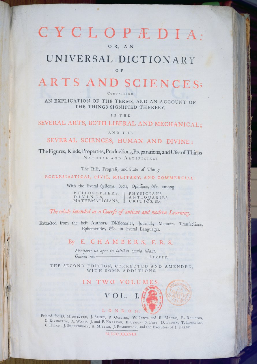 Frontispice of Encyclopaedia: An Universal Dictionary of Arts and Sciences, Vol. I, af Ephraim Chambers, London, 1738 (trykt papir) af English School