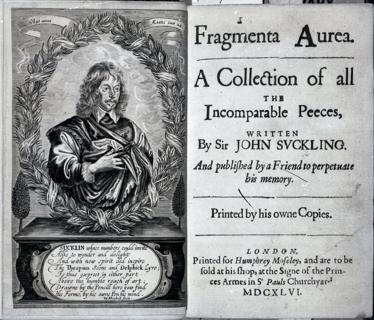 Frontispice af Fragmenta Aurea, en samling af alle uforlignelige peeces skrevet af Sir John Suckling, udgivet i 1646 af English School