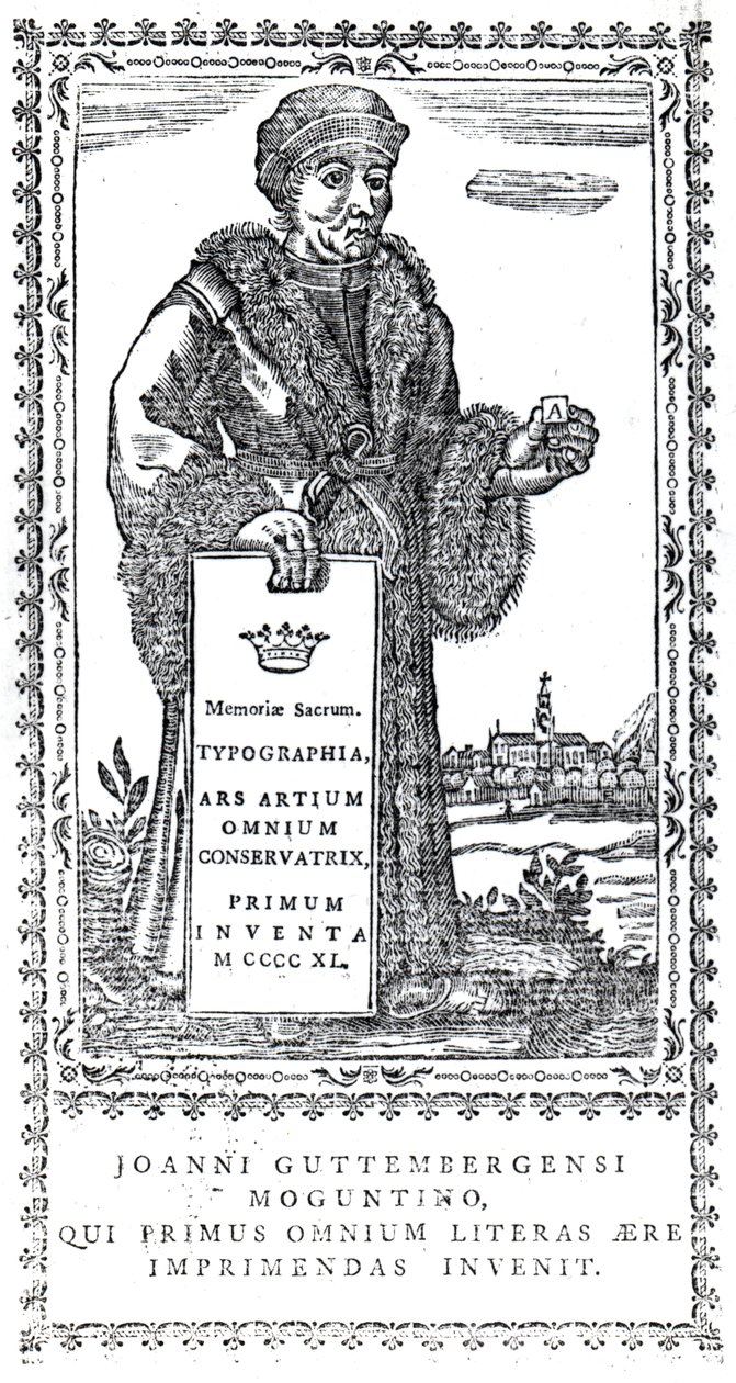Frontispice af Johannes Gutenberg fra A Concise History of the Origin and Progress of Printing af Philip Luckombe, udgivet 1770 af English School