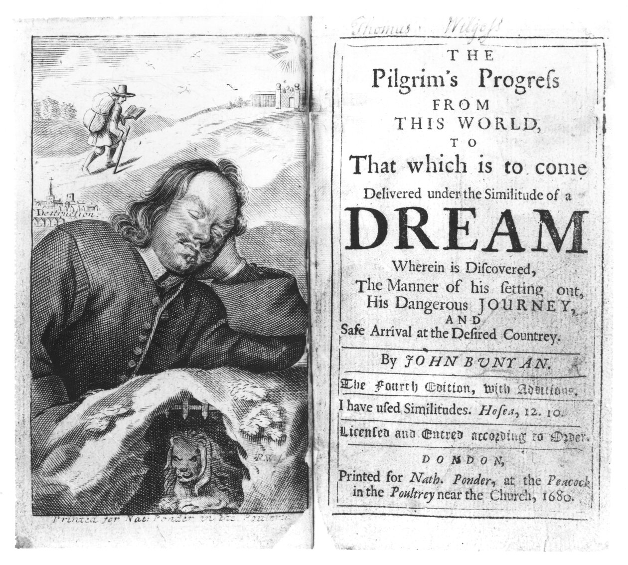 Frontispice af The Pilgrims Progress af John Bunyan (1628-88) pub. i 1680 af English School