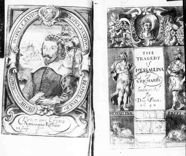 Frontispice af The Tragedy of Messallina af Nathanael Richards (fl.1630-40), pub. i 1640 af English School