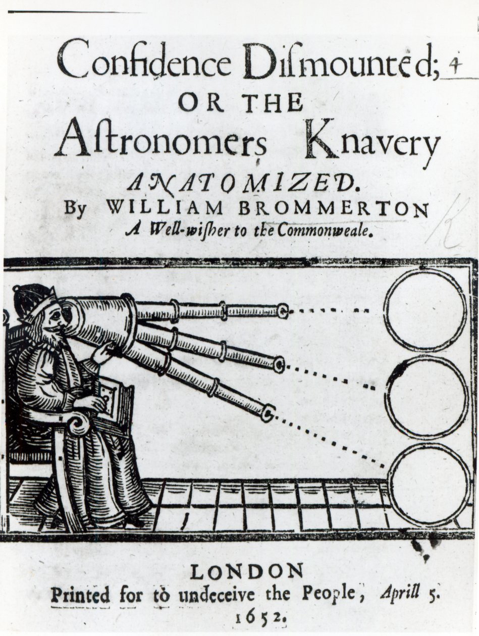 Frontispice til selvtillid afmonteret; eller Astronomers Knavery Anatomized af William Brommerton, udgivet 1652 af English School