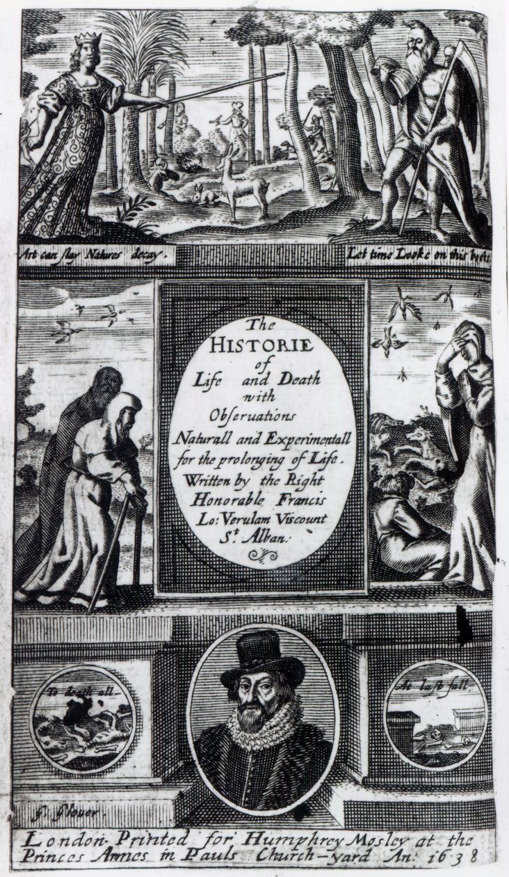 Frontispice til Francis Bacons The History of Life and Death, udgivet i 1638 af English School