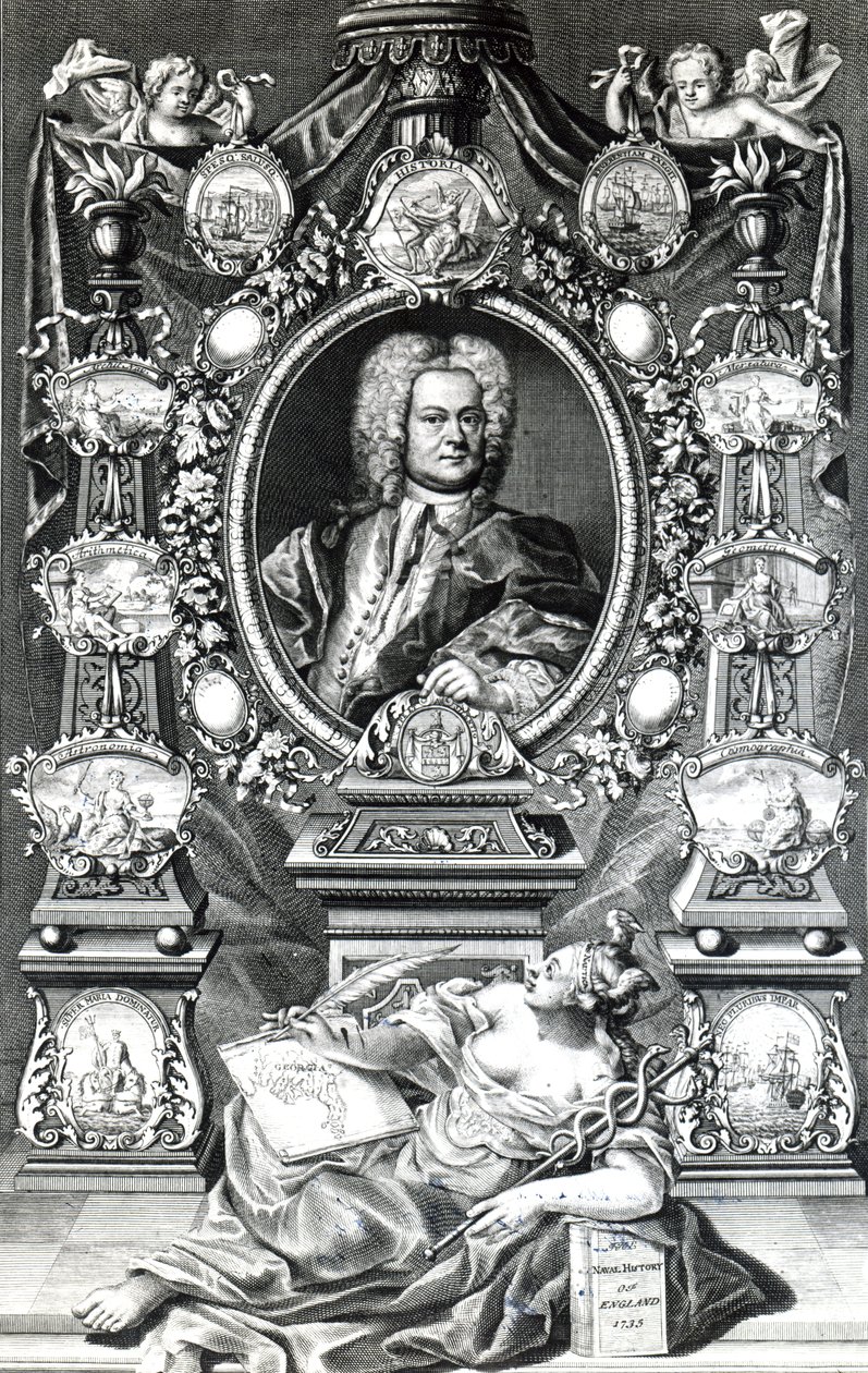 Frontispice til Naval History of England af Thomas Lediard, udgivet 1735 af English School