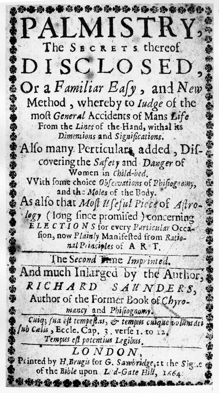 Frontispice to Palmistry, the Secrets of it Disclosed af Richard Saunders, 1664 af English School
