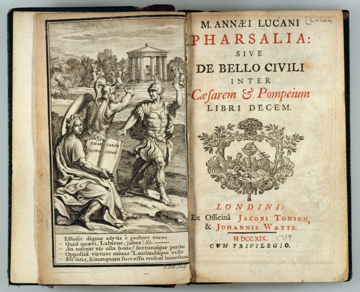 Frontispice til Pharsalia eller Borgerkrigen mellem Cæsar og Pompejus af Marcus Annaeus Lucan (AD 39-65) graveret af J. Cole, 1719 af English School
