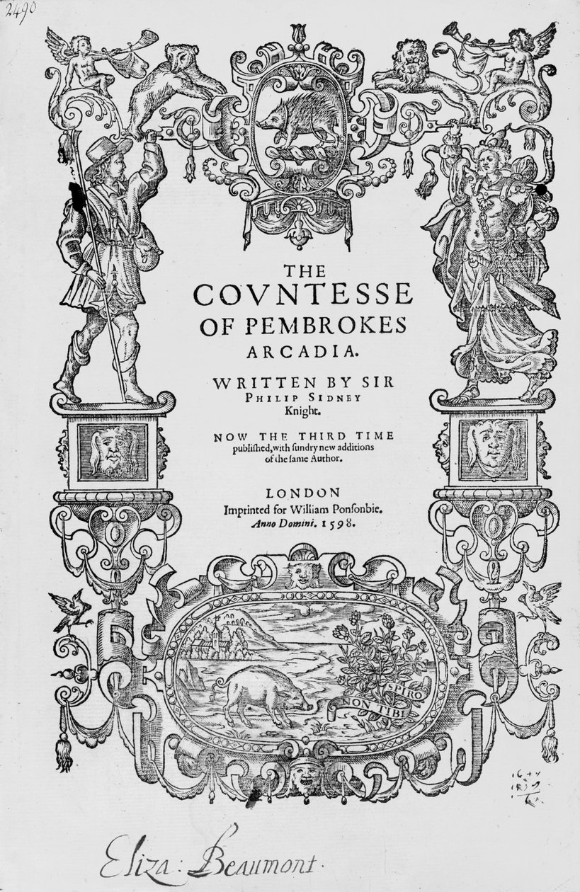 Frontispice til grevinden af Pembrokes Arcadia, 1592, af Sir Philip Sidney (1554-86), tredje udgave, pub.1598 af English School