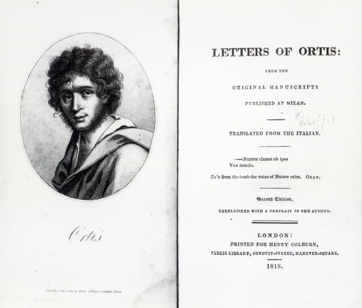 Frontispice til The Letters of Ortis af Niccolo Ugo Foscolo, udgave udgivet i 1818 af English School