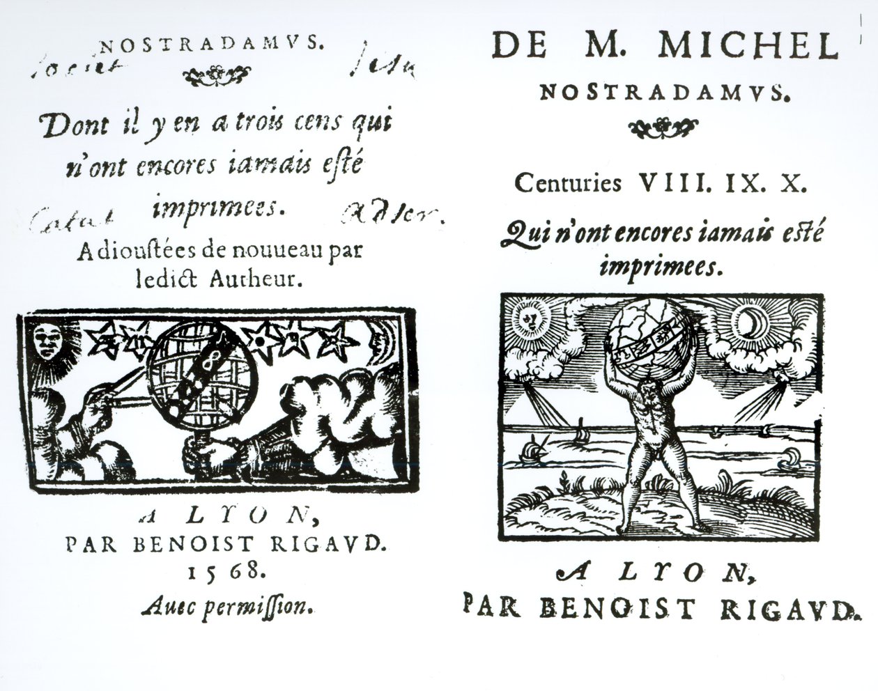 Frontispice til The Prophecies of M. Michel Nostradamus, pub. af Benoist Rigaud, 1568 af English School