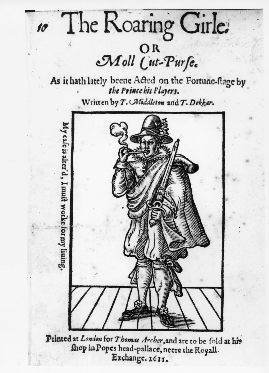 Frontispice til The Roaring Girle eller Moll Cut-Purse af Thomas Middleton (1580-1627) og Thomas Dekker (ca. 1570-1632) 1611 af English School