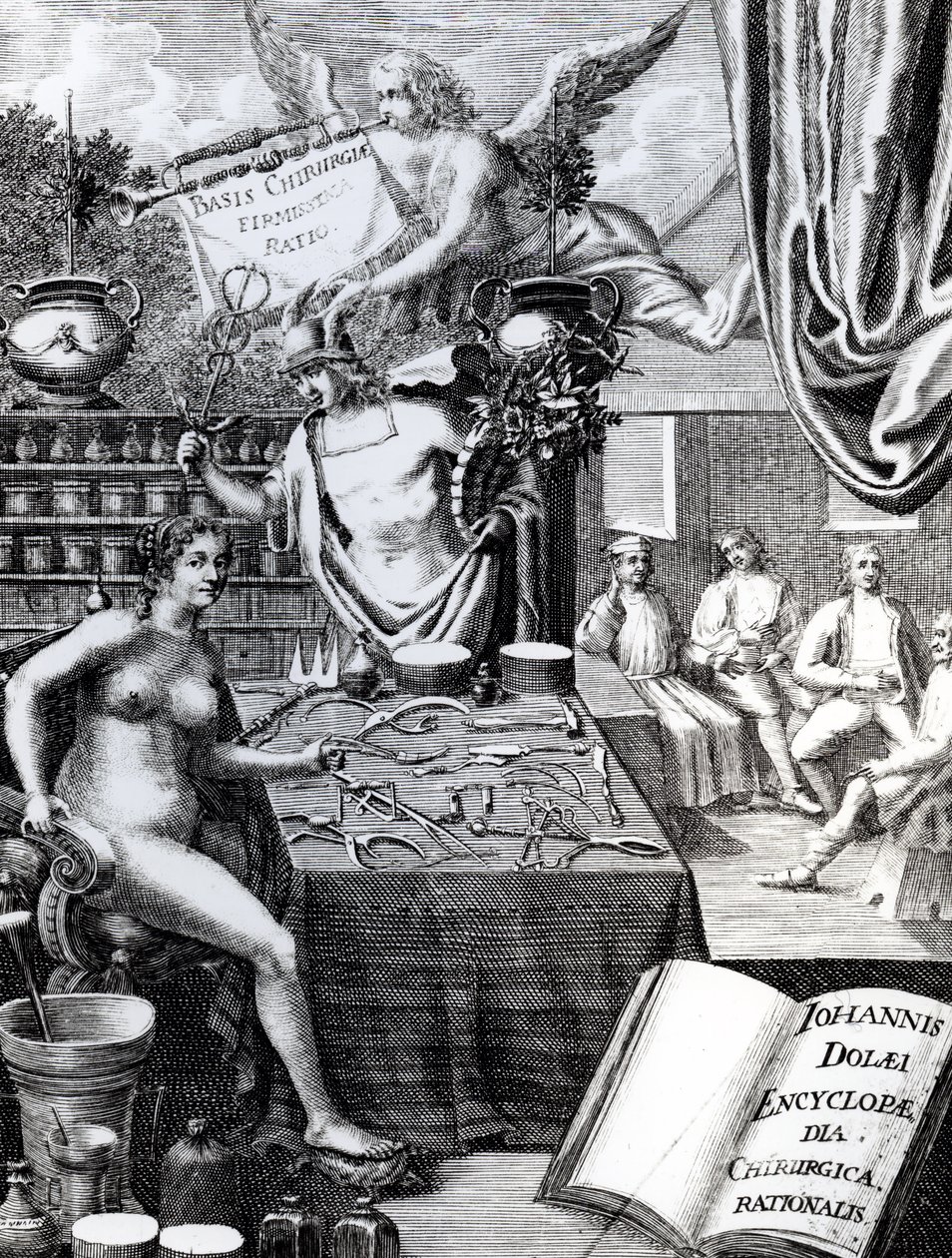 Frontispice til en Encyclopaedia of Surgical Thought af John Dolaeus af English School