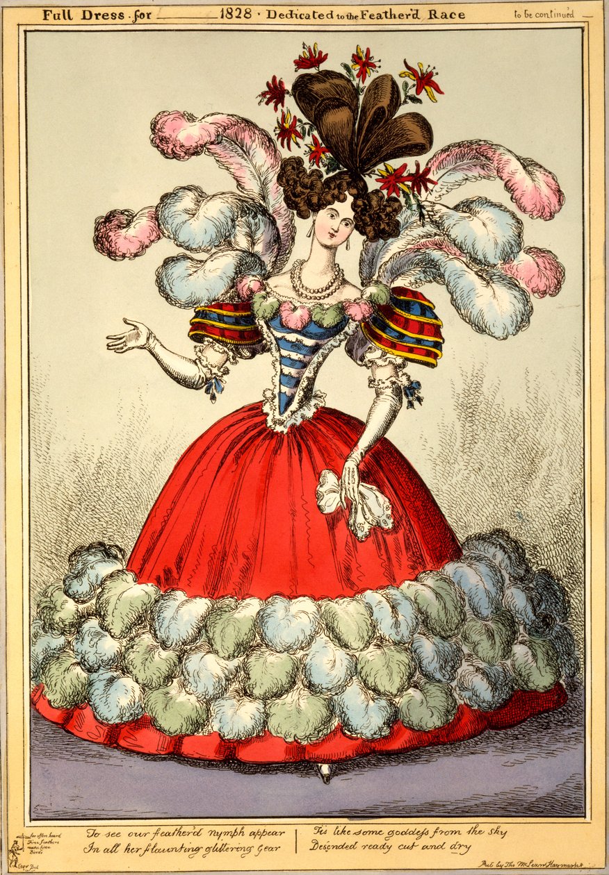 Hel kjole til _ 1828 - Dedikeret til den fjerklædte race, 1828 (håndfarvet gravering) af English School