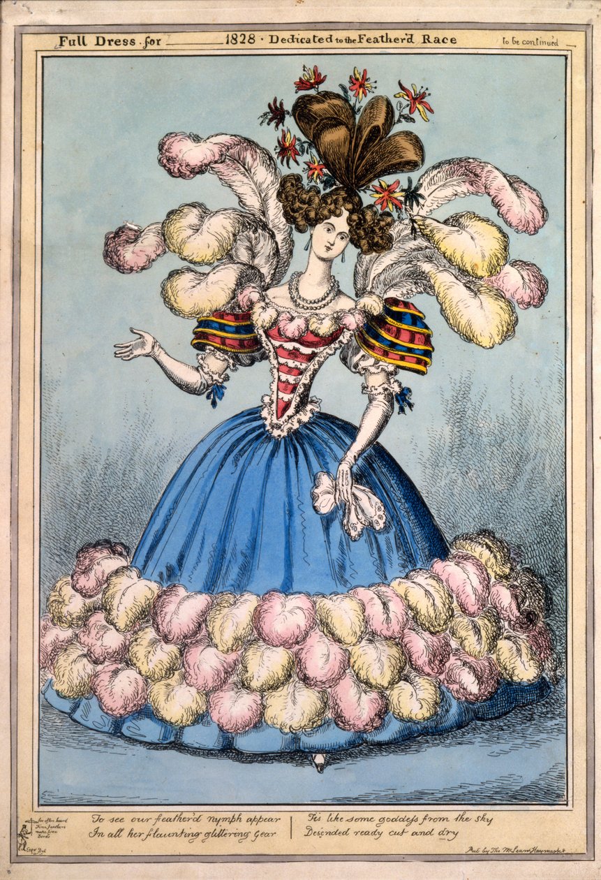 Hel kjole til _ 1828 - Dedikeret til den fjerklædte race, 1828 (håndfarvet gravering) af English School