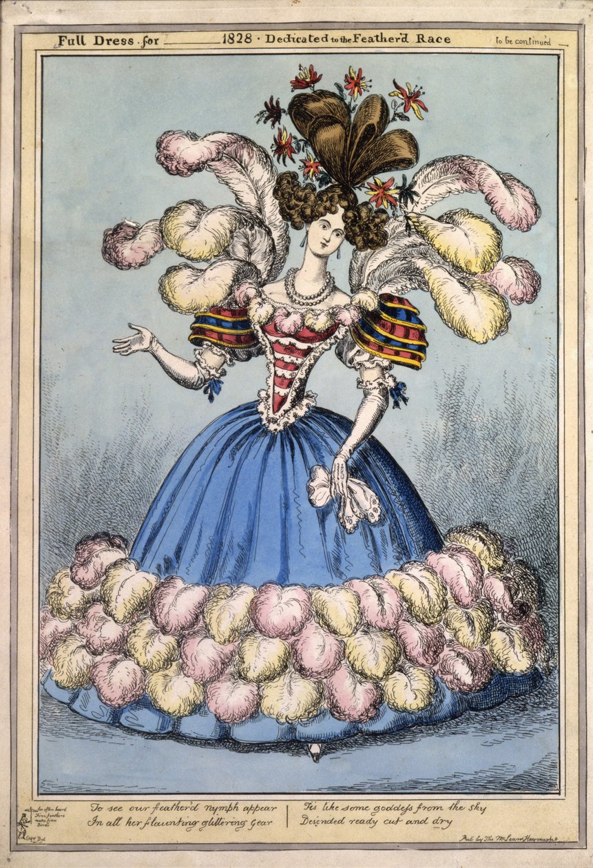 Hel kjole til ?1828. Dedikeret til Featherd Race, pub. London, 1828 (håndfarvet gravering) af English School