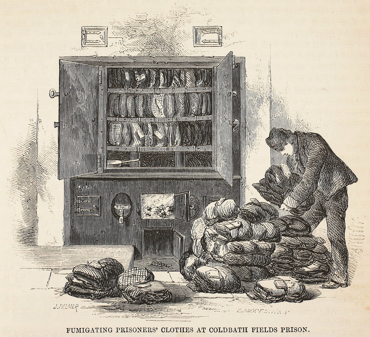 Desinficerende fangetøj i Coldbath Fields Prison, illustration fra The Criminal Prisons of London og Scenes from Prison Life af Henry Mayhew og John Binny, pub. 1862 af English School