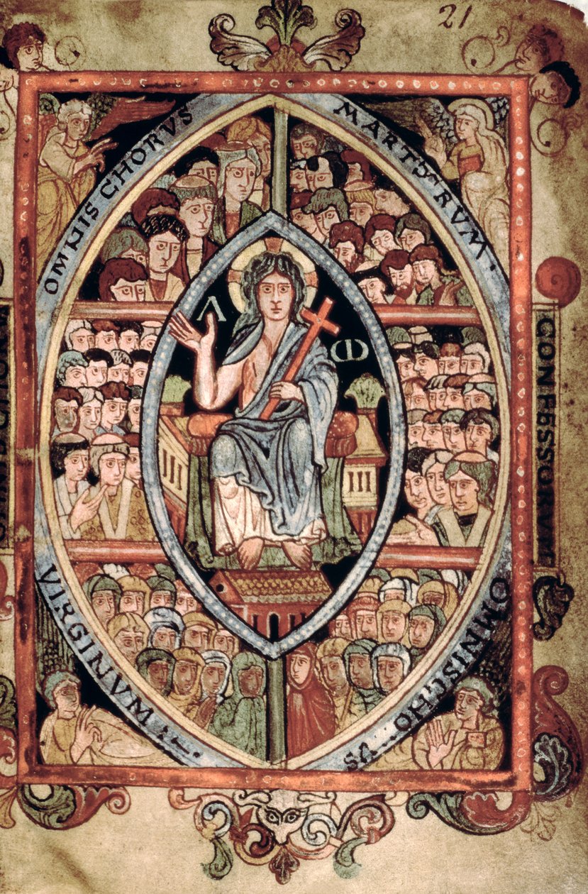 Galba A XVIII f.21r, Kristus i Majestæt, fra Athelstan Psalter, Old Minster, Winchester, 925-50 (vellum) af English School