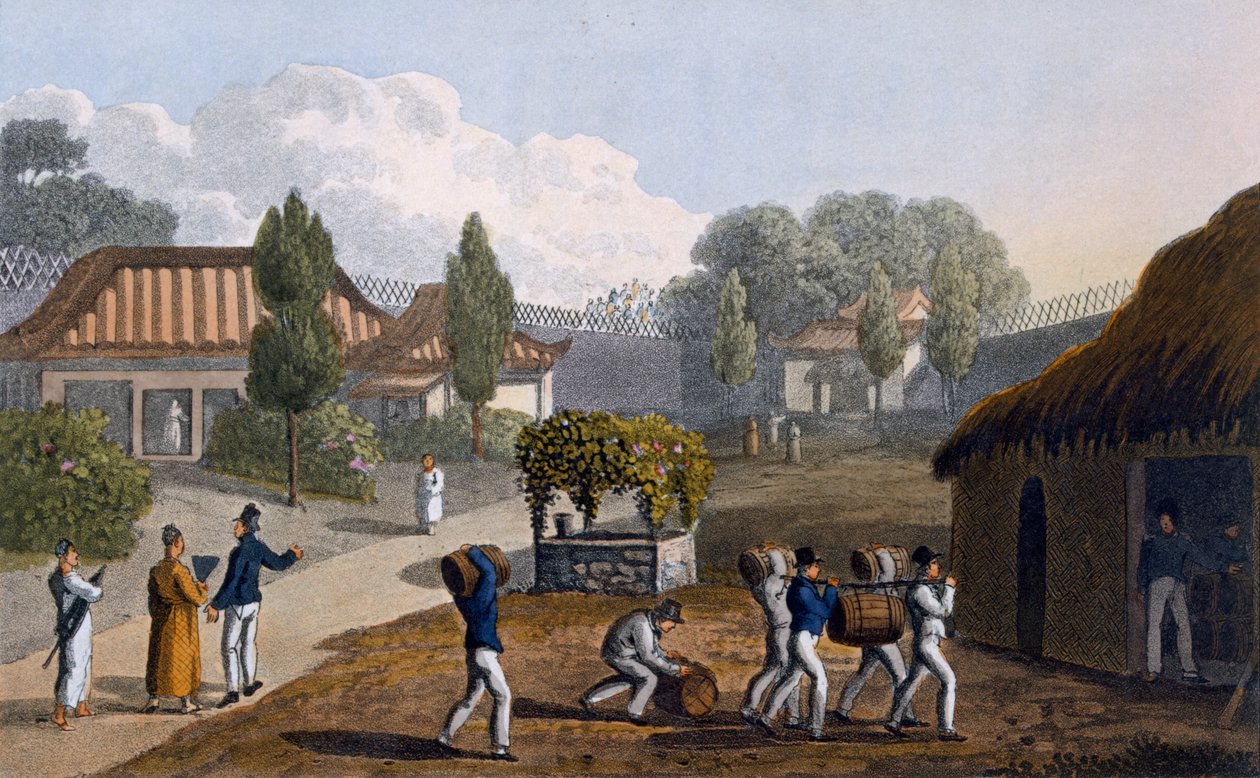 Garden of the Temple of Lewchew, 1820 (farvet akvatint) af English School