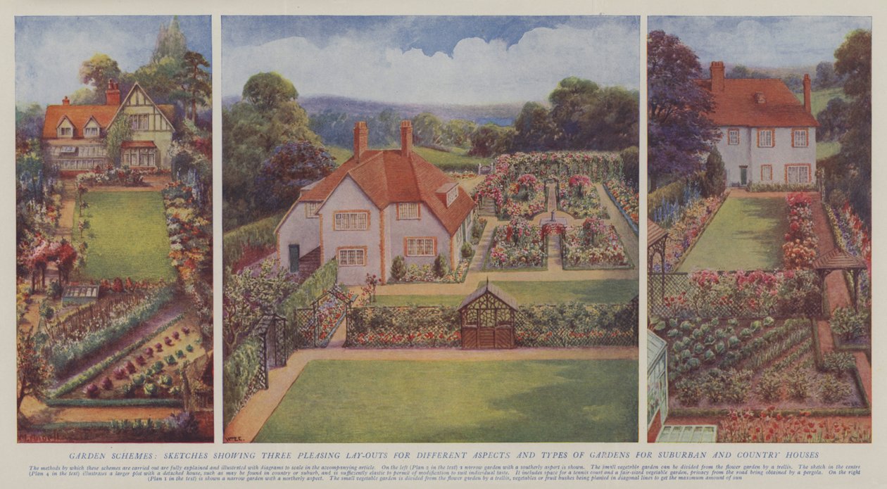 Haveplaner, skitser, der viser tre behagelige layouts for forskellige aspekter og typer af haver til forstads- og landhuse (farvelitografi) af English School