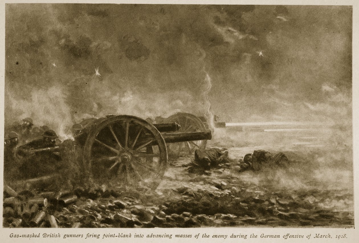 Gasmaskerede britiske kanonskytter skyder skarpt ind i fremrykkende masser af fjenden under den tyske offensiv i marts 1918, 1918-19 af English School