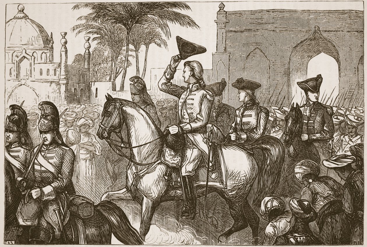General Goddard på vej ind i Surat, illustration fra Cassells Illustrated History of India af James Grant, pub. 1879 af English School
