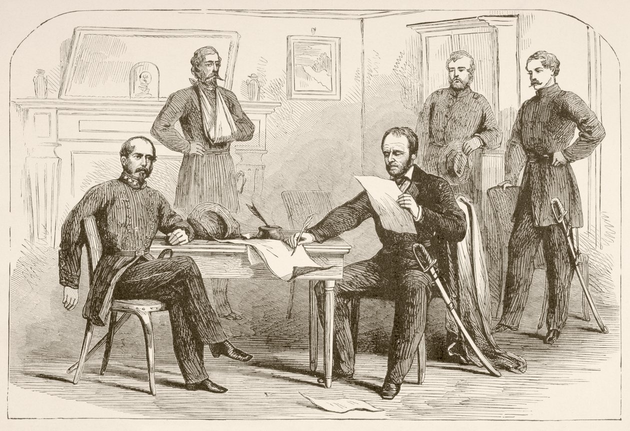 General Joseph Eggleston Johnston overgiver hæren til Tennessee til general William Tecumseh Sherman (litho) af English School