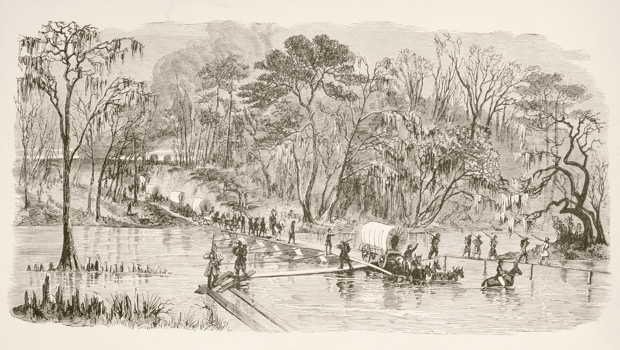 General Shermans tropper krydser Edisto-floden under March to the Sea (litho) af English School