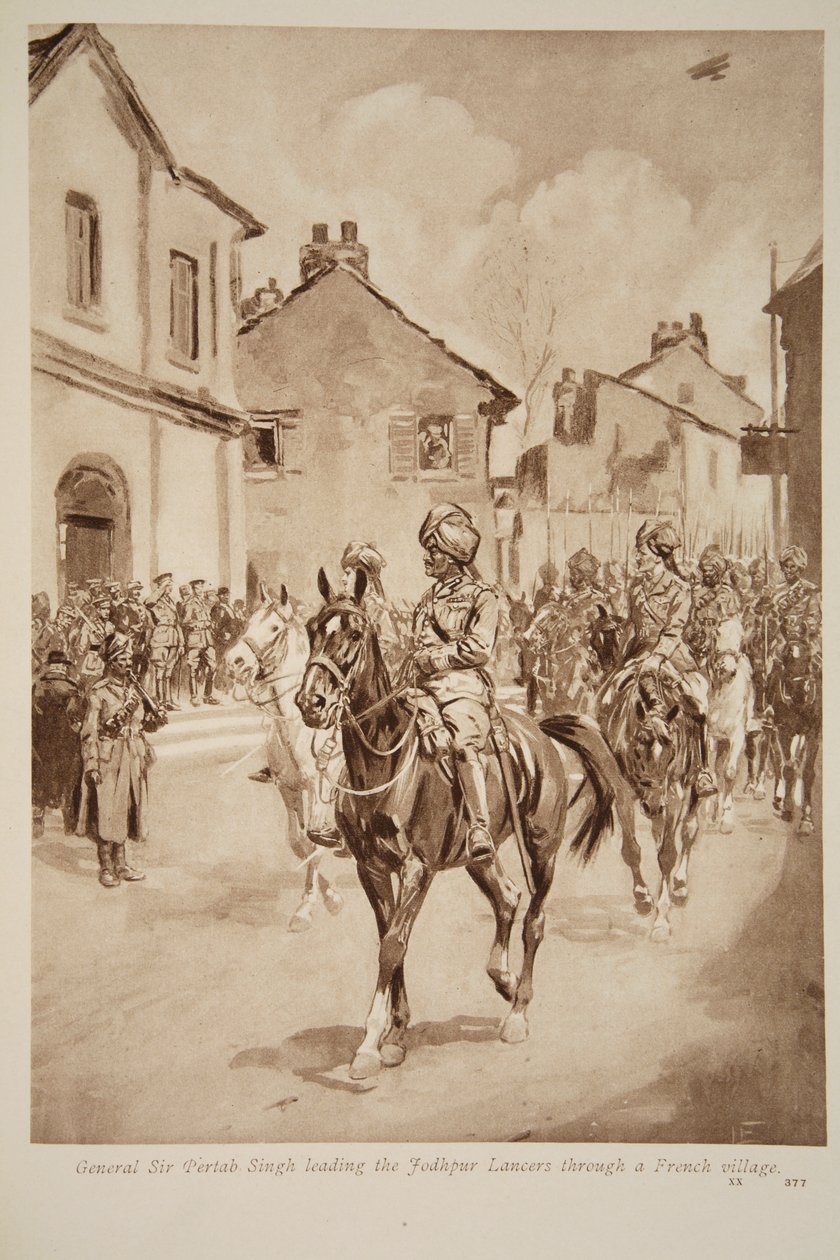 General Sir Pertab Singh leder Jodhpur Lancers gennem en fransk landsby, 1914-19 af English School