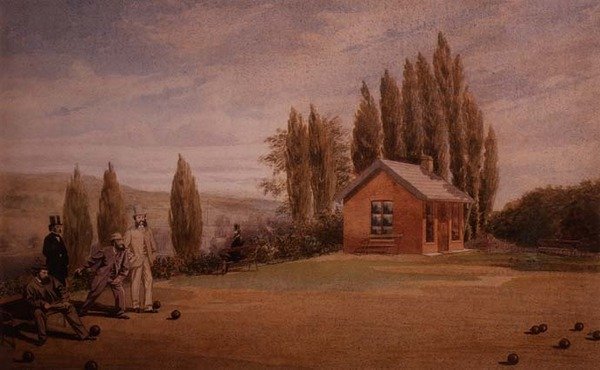 Gentlemen Playing Lawn Bowls, ca. 1880 (akvarel på papir) af English School
