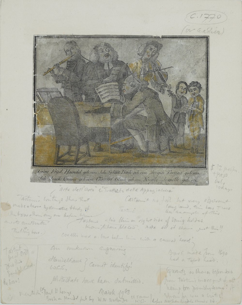 George Frideric Handel, Johann Sebastian Bach, Giuseppe Tartini, Johann Joachim Quantz, Christoph Gluck, Nicolo Jomelli, ca. 1750 (håndkoloreret gravering) af English School