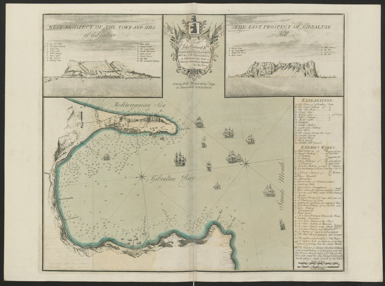 Gibraltar Bay (West and East Prospect of G. Hill.) Af C. Price, ca. 1730 (farve litho) af English School