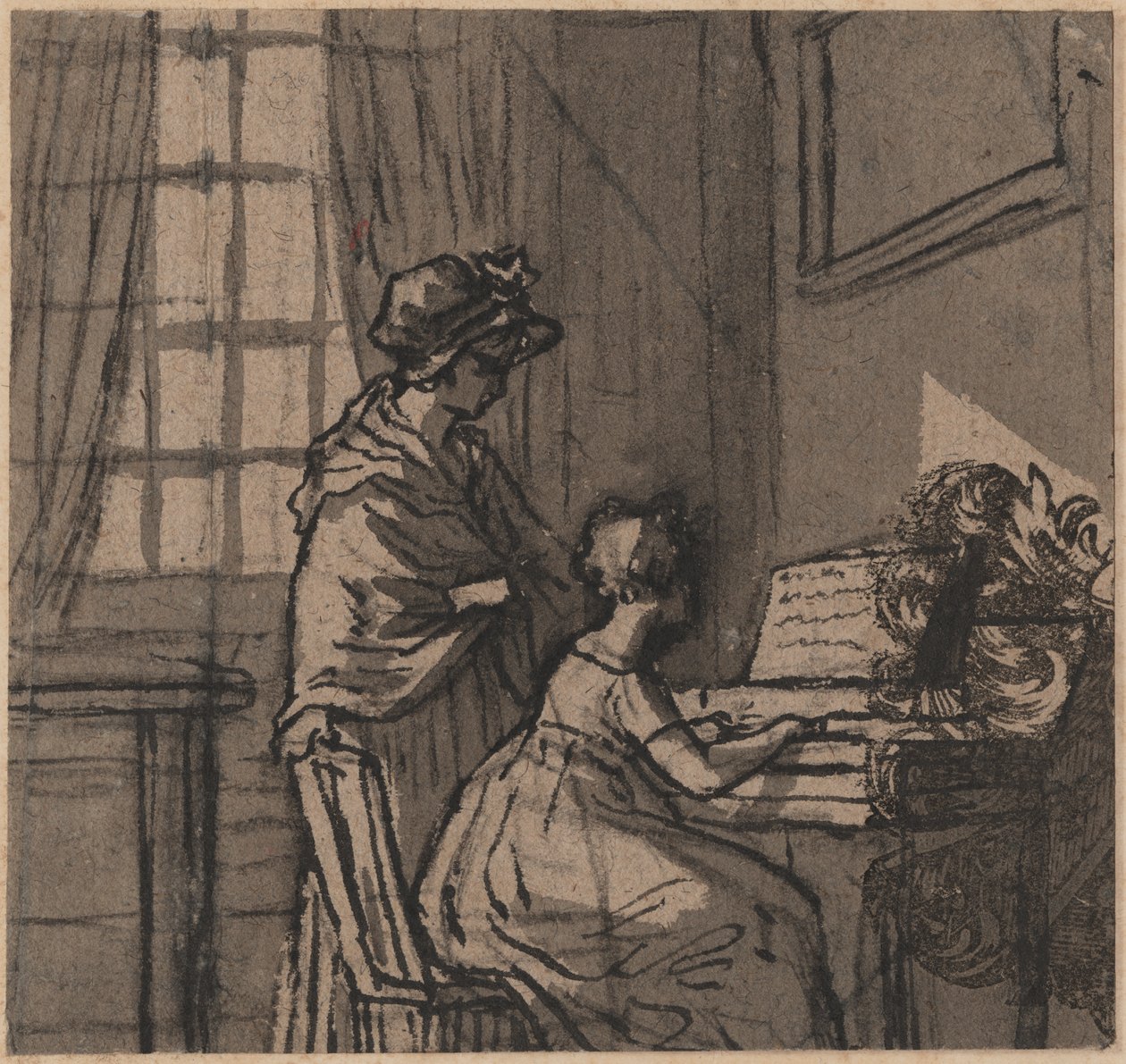Pige ved en clavichord, ca. 1800 (pen & vask på papir) af English School