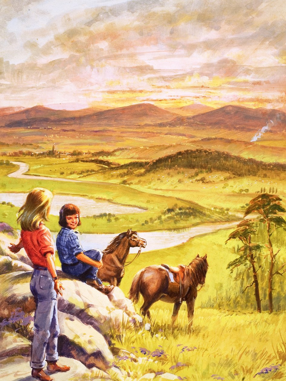 Piger og ponyer kigger ud over landskabet (gouache på papir) af English School