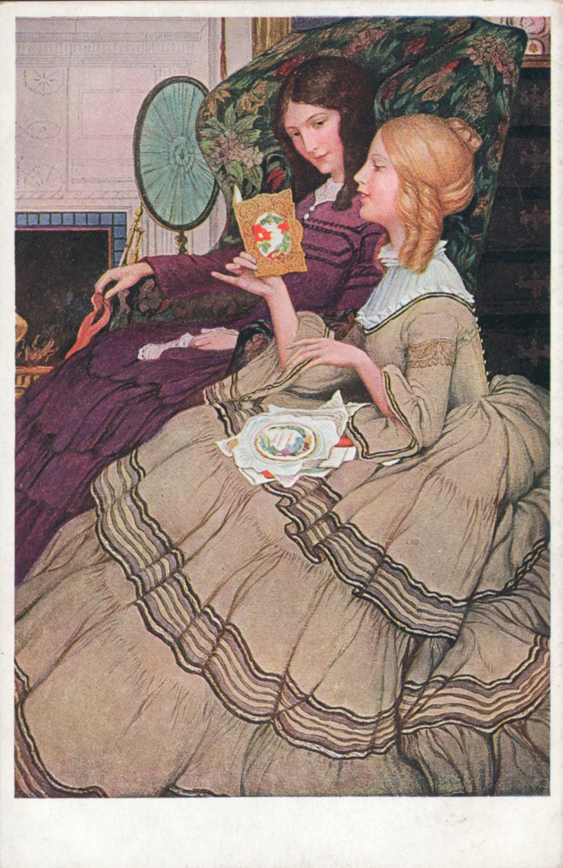 Piger, der læser valentinskort (farvelitografi) af English School