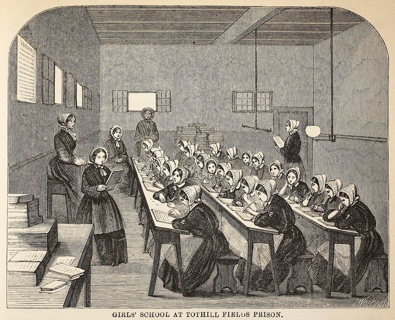 Pigeskole i Tothill Fields Prison, illustration fra The Criminal Prisons of London og Scenes from Prison Life af Henry Mayhew og John Binny, pub. 1862 af English School