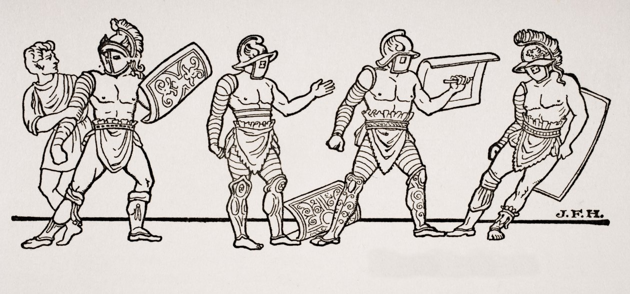 Gladiatorer, fra et vægmaleri i Pompeji, illustration fra The Outline of History af H.G. Wells, bind I, udgivet i 1820 af English School