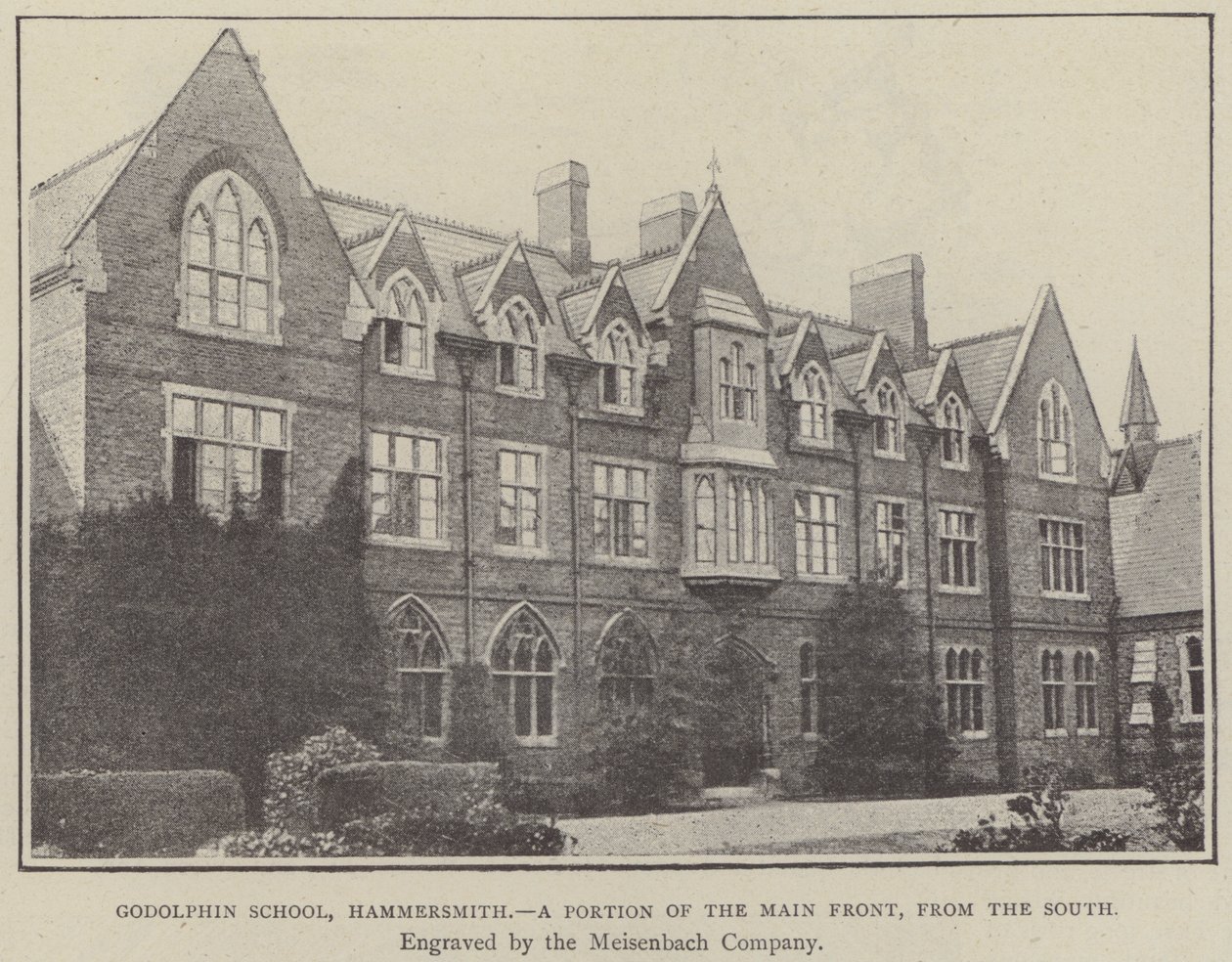 Godolphin School, Hammersmith, en del af hovedfacaden, fra syd (stik) af English School