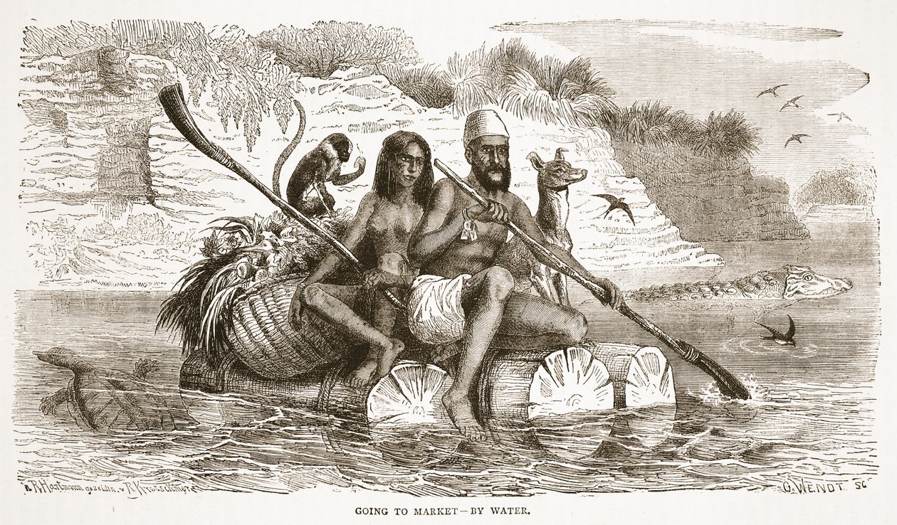 Going to market-by water, illustration fra The Pictorial Edition of the Life and Discoveries of David Livingstone af J. Ewing Richie, pub. af A. Fullarton & Co., 1876 af English School