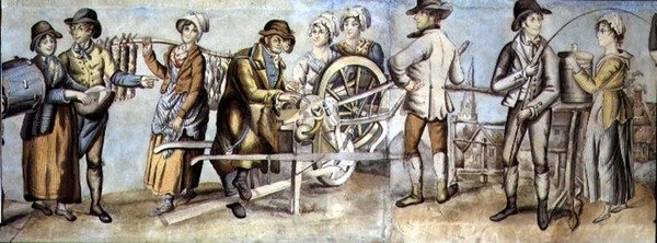 Gå til messen, detalje af en knivsliber og håndværkere og kvinder, ca. 1815 (wc med gouache på papir) (se også 107509 og 107510) af English School